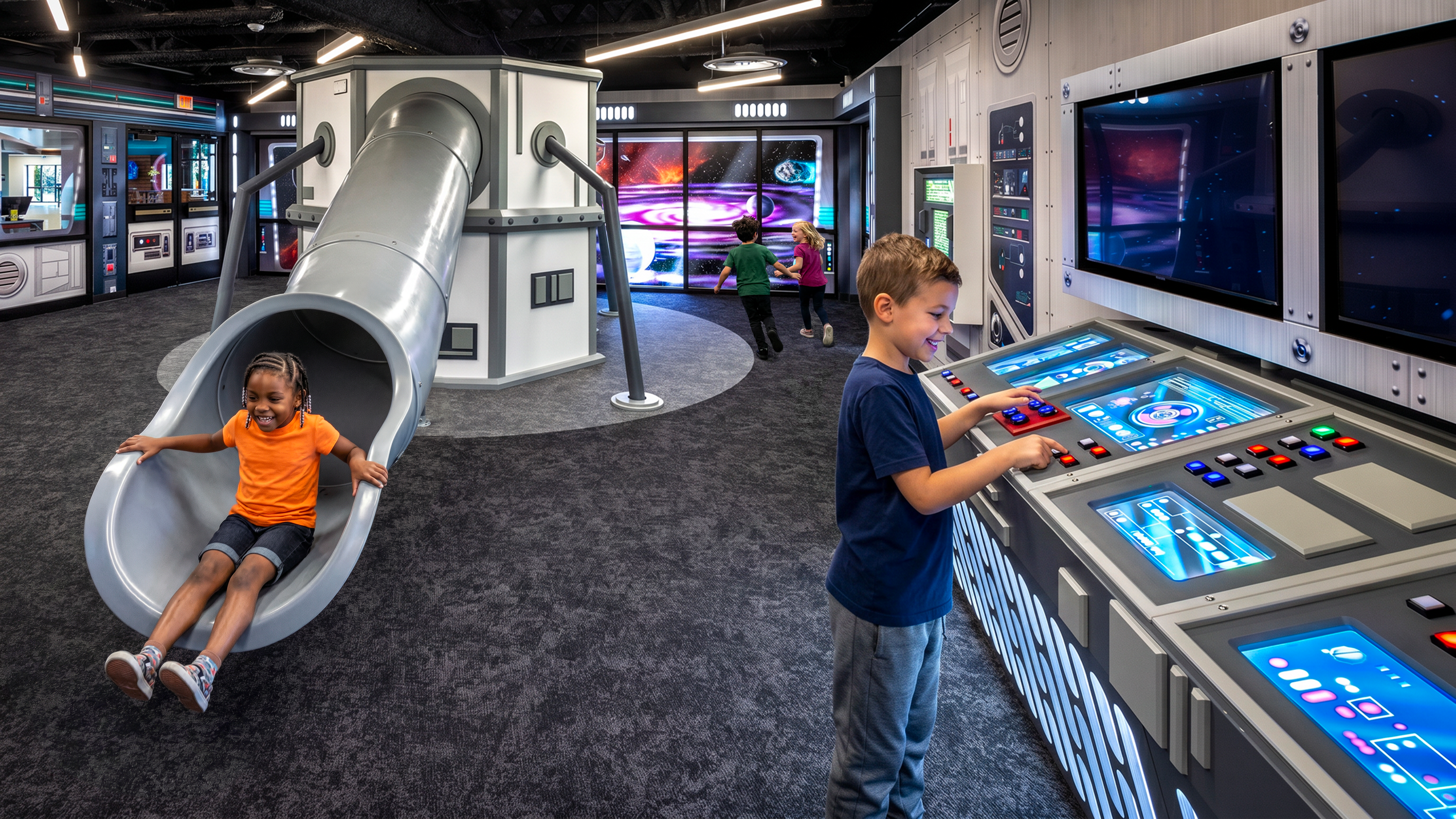 Children interact with digital control panels and play features inside an immersive space-themed environment where technology encourages exploration and active participation.