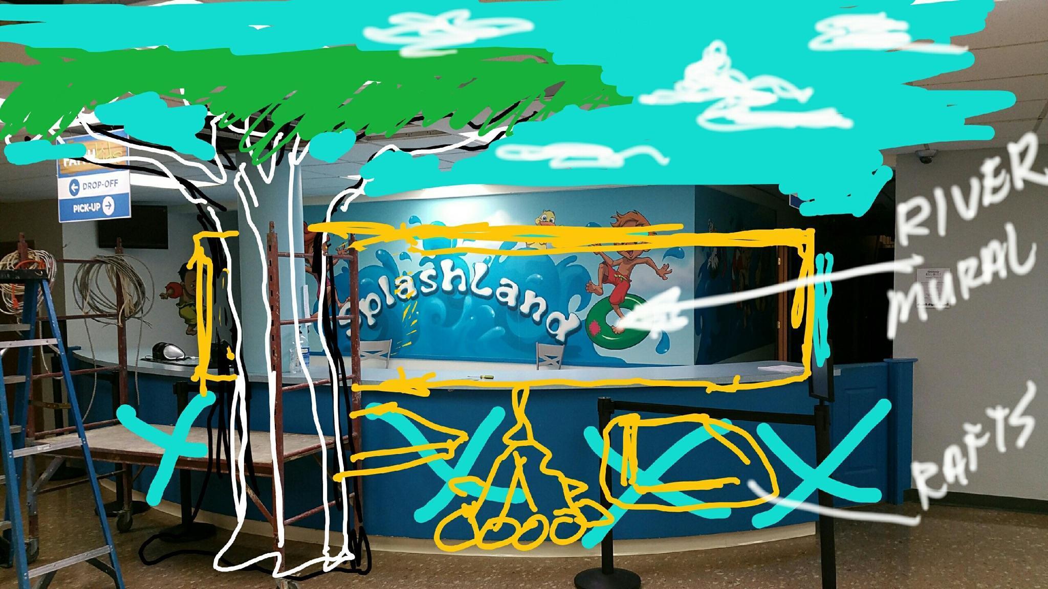 62bd8748-d9bf-4f31-Concept sketch showing the design plan for transforming Faith Community Church's existing check-in counter into a camp-themed entrance with a custom sculpted tree, immersive river mural, and integrated themed elements.-88f15d04f7bd1