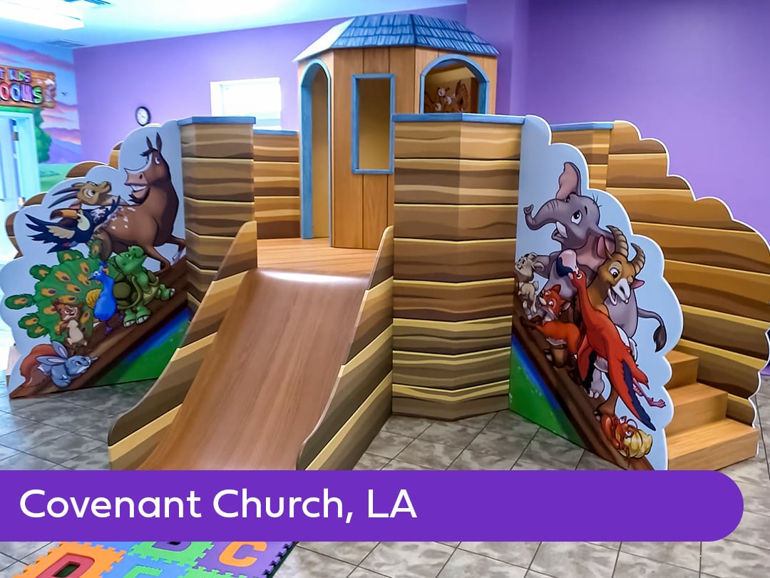 Noah’s Ark-themed children’s ministry play structure with custom 3D ark design, animal graphics, and immersive biblical environment at church in Louisiana by Wacky World Studios