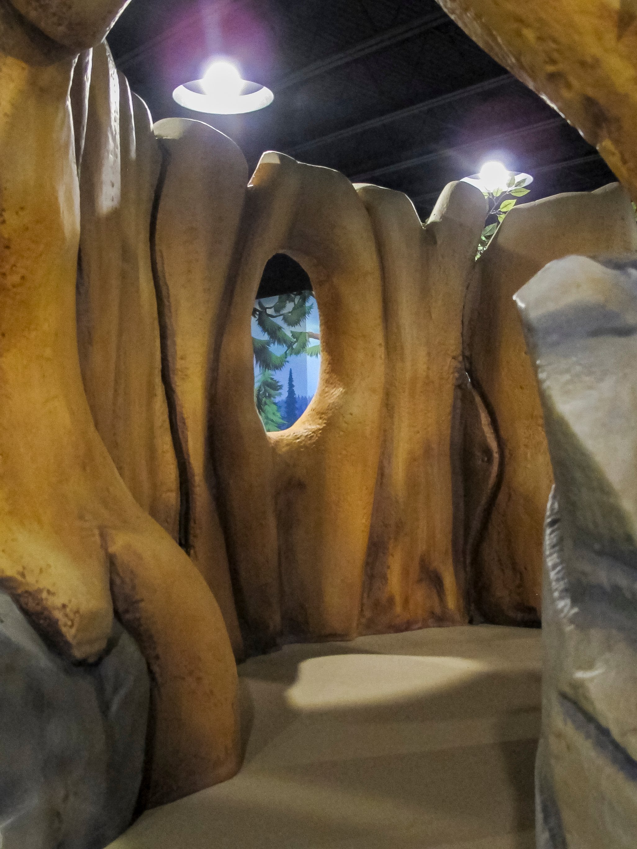 Interior of a custom sculpted tree play feature with realistic wood textures in Faith Community Church's camp-themed children's ministry.
