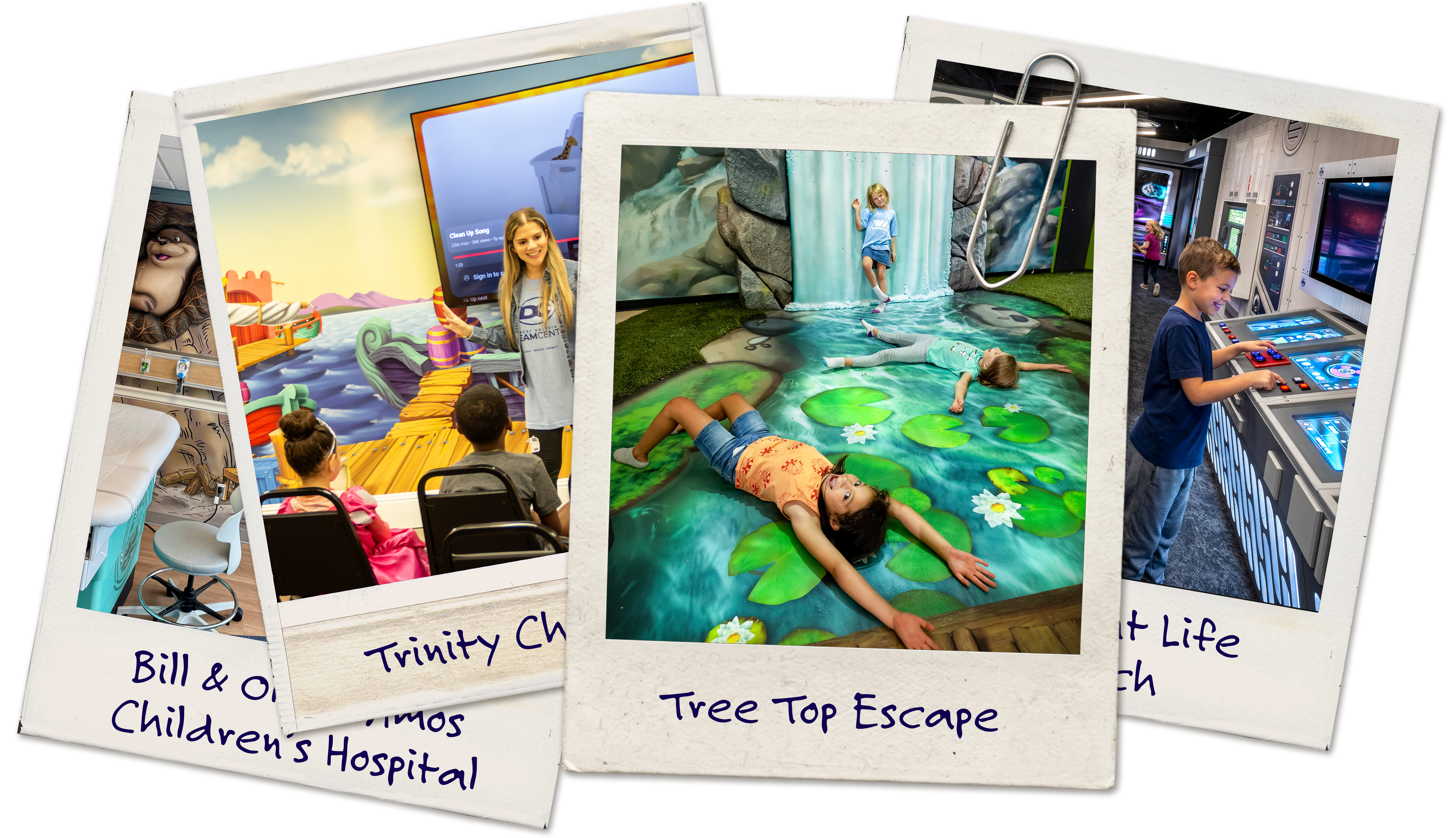 Polaroid-style collage featuring immersive themed projects for healthcare, churches, parks and recreation, and interactive play, illustrating the wide range of applications for experience-driven design.