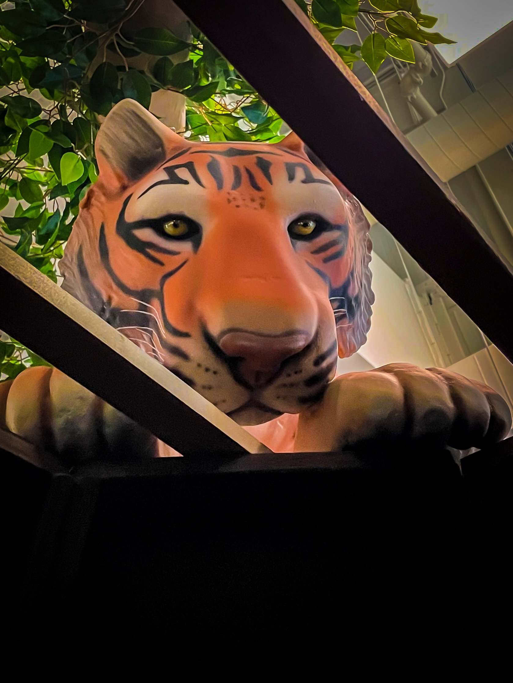 Large-scale tiger sculpture peering through overhead foliage, demonstrating the immersive impact of custom themed environments.