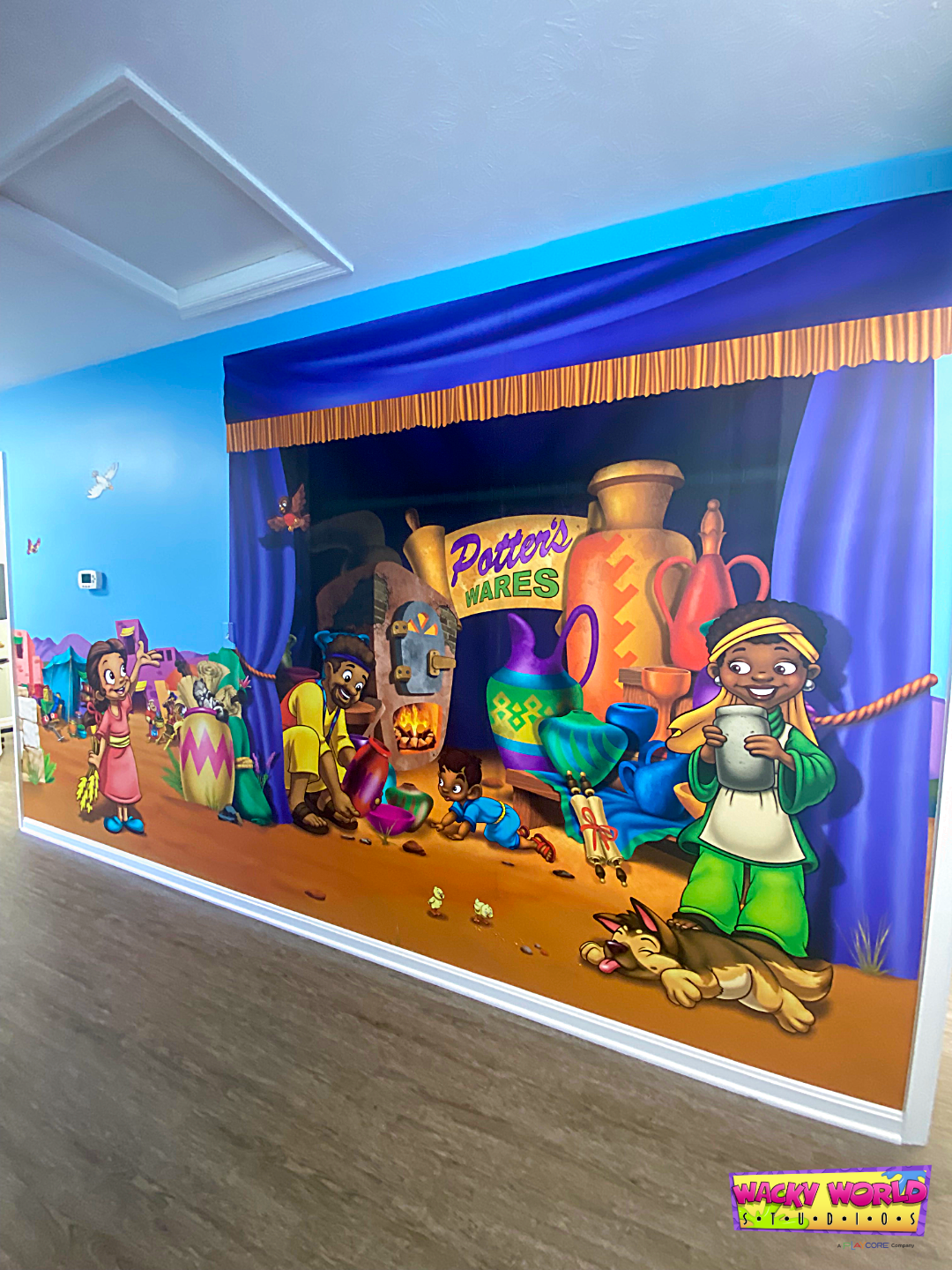 Pottery marketplace mural designed for a church children's ministry environment inspired by biblical times