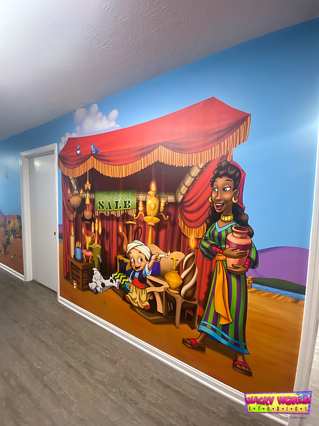 Bible-times market vendor mural with oil lamps and merchants for a church children's ministry hallway