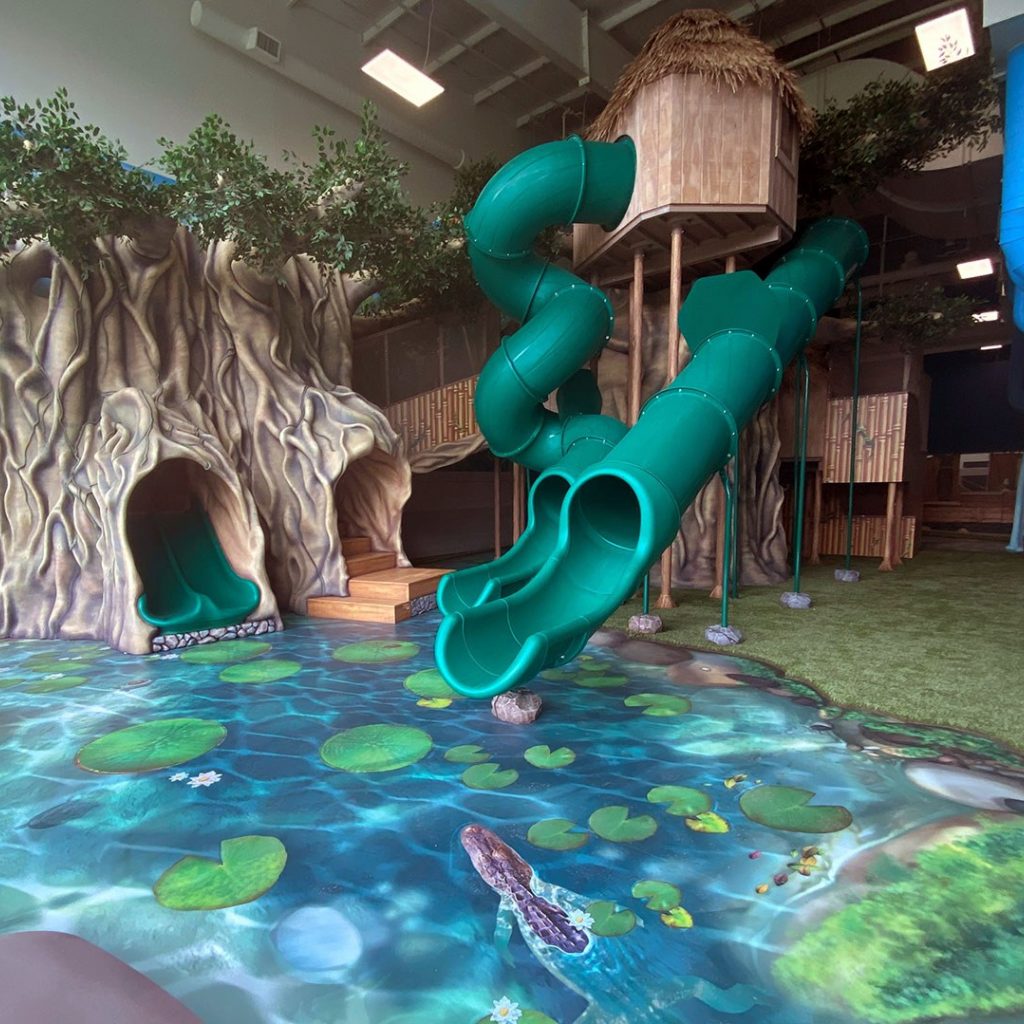 River plus 3D tree, Treehouses and slides at West Chicago Park District Treetop Escape at the ARC Center