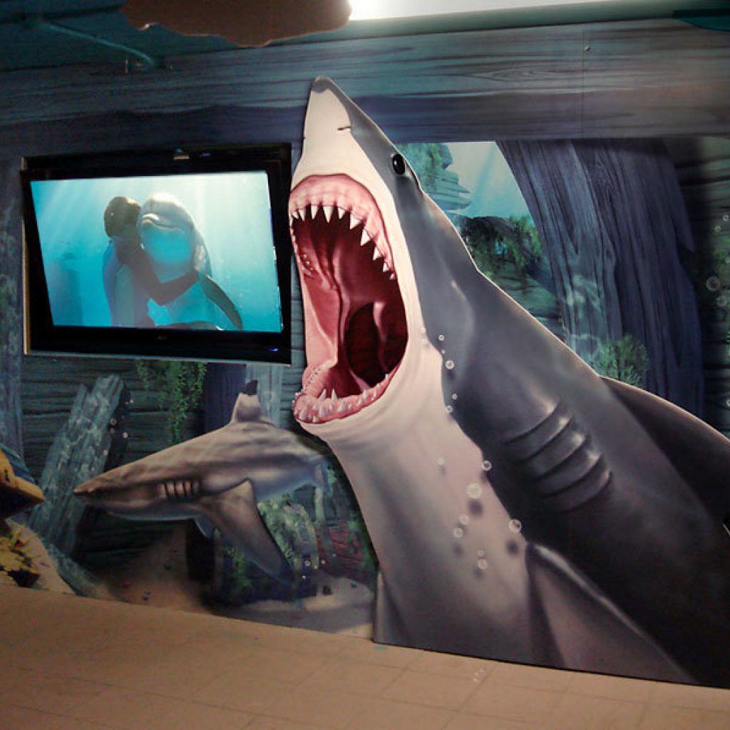 2D Cutout Shark and Shipwreck Boat Wall Covering at Clearwater Aquarium