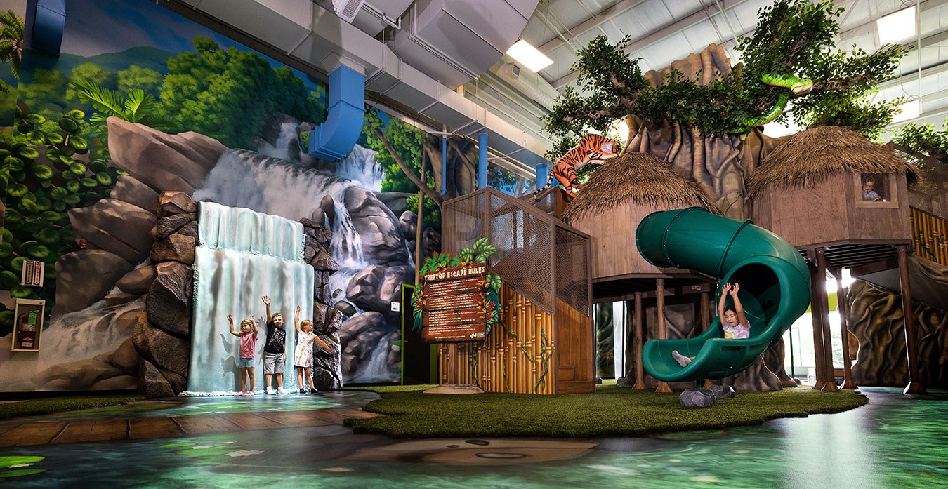 Image of Waterfall with Giant Treehouse and Slides feature at West Chicago Parks District ARC Center