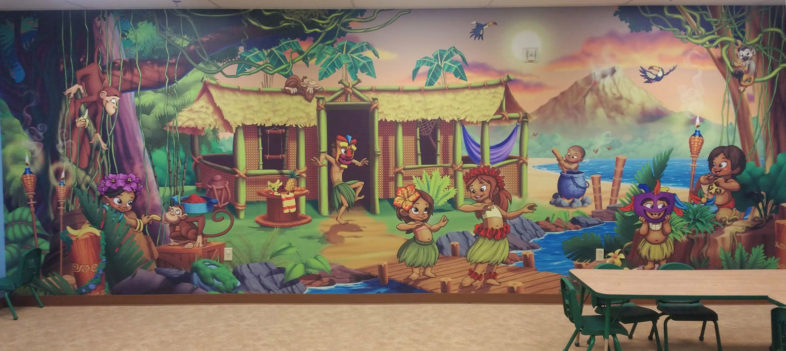 Polynesian Island Themed Wall Covering with kids playing in front of tiki hut at Victory Church Ohio