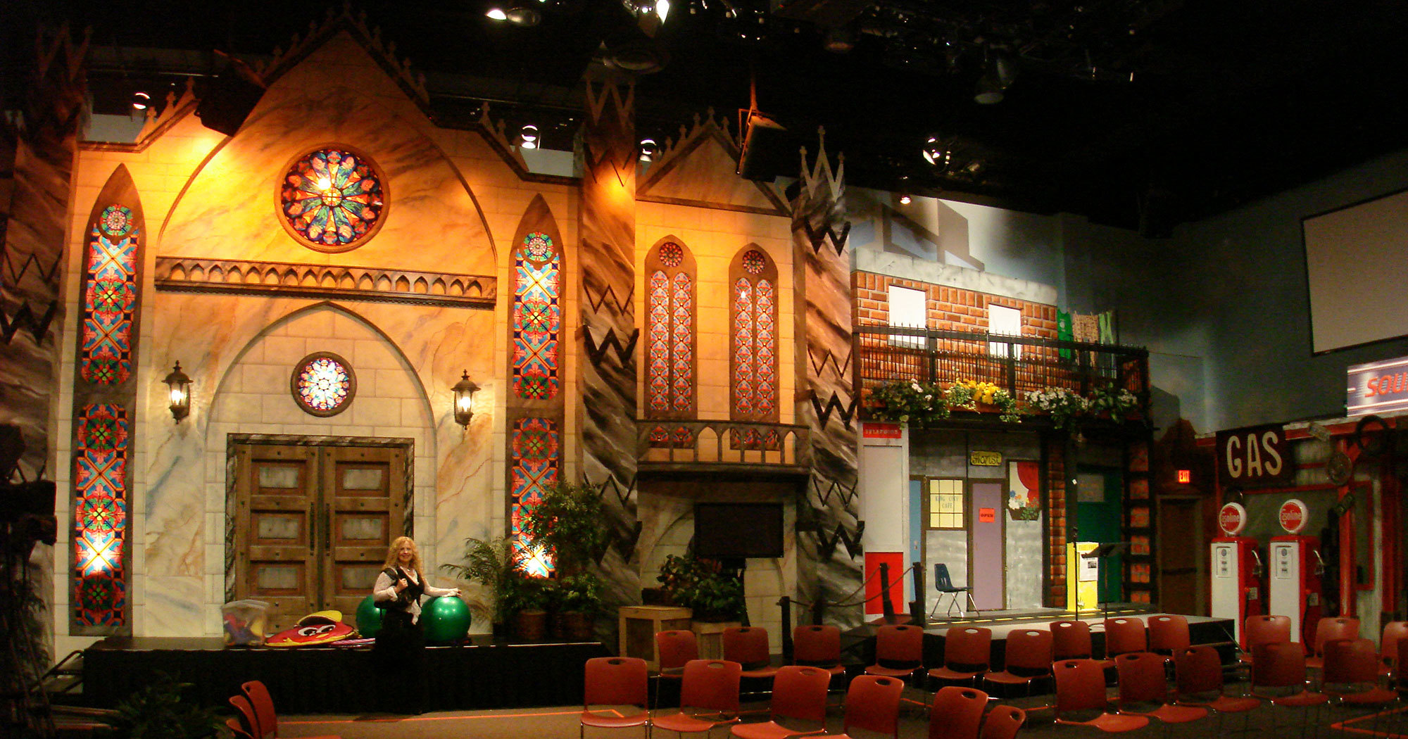 Castle/Church Building Facades with stained glass windows for a Stage in a Church Auditorium