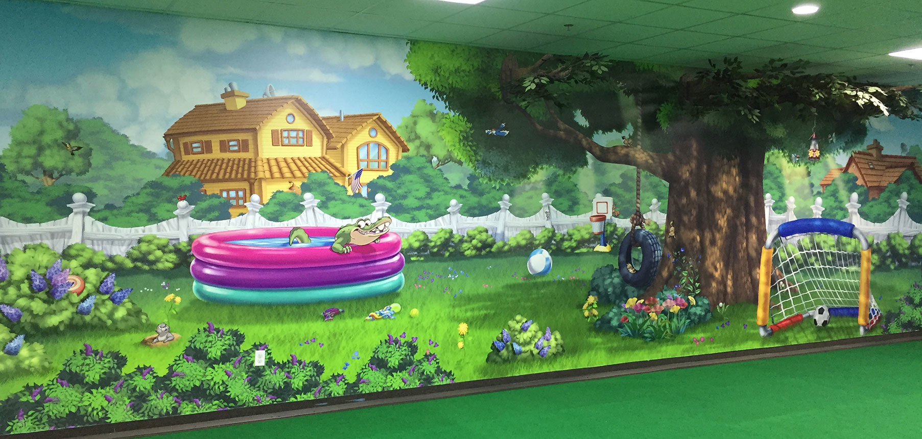 Backyard Neighborhood Themed Wall Covering full mural with tree, house, pool, soccer net and gator.