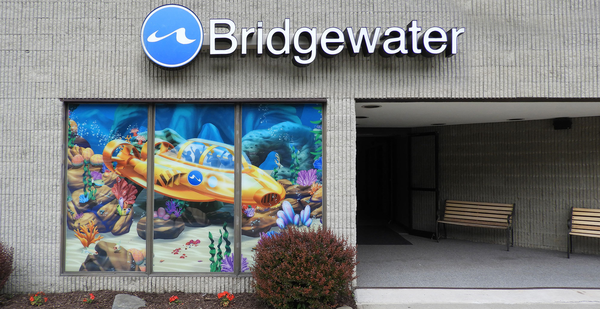 Outdoor view of Undersea Themed Window Vinyl featuring a yellow submarine and coral at Bridgewater Church