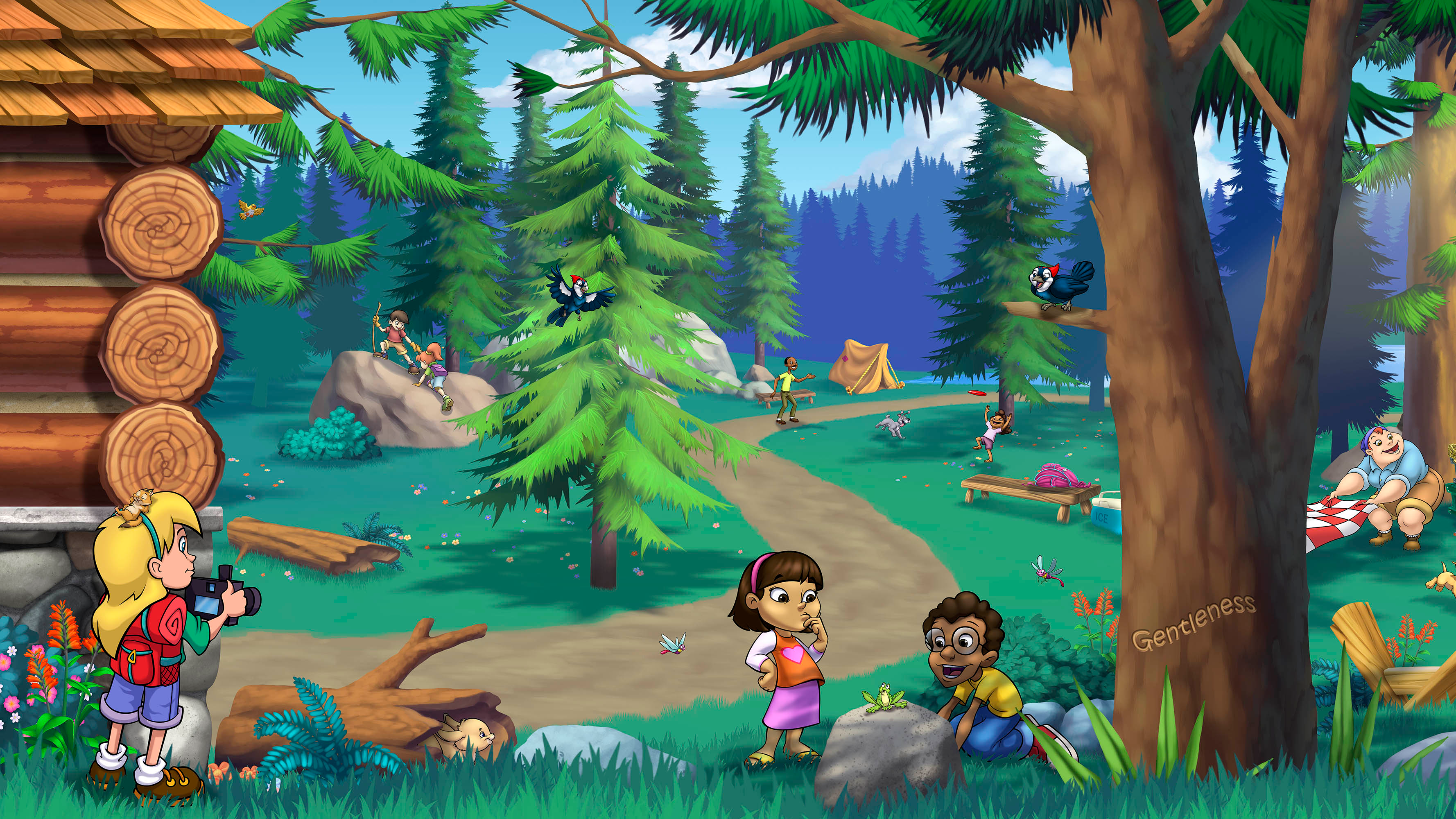 Illustrated forest camping mural with children exploring nature and hidden details throughout the woodland scene.