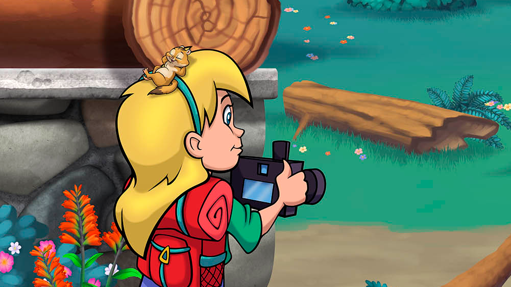 Illustrated child explorer using binoculars with a tiny chipmunk perched on her head, adding a playful surprise to the forest mural.