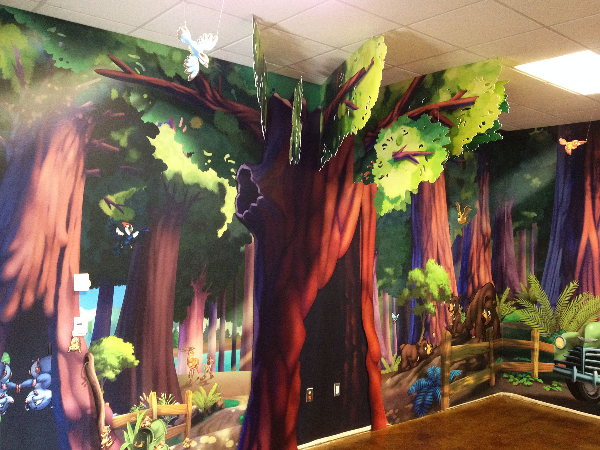 Camping Wall Covering of Tree with 2D Branches jutting out from the wall for a 3D effect.