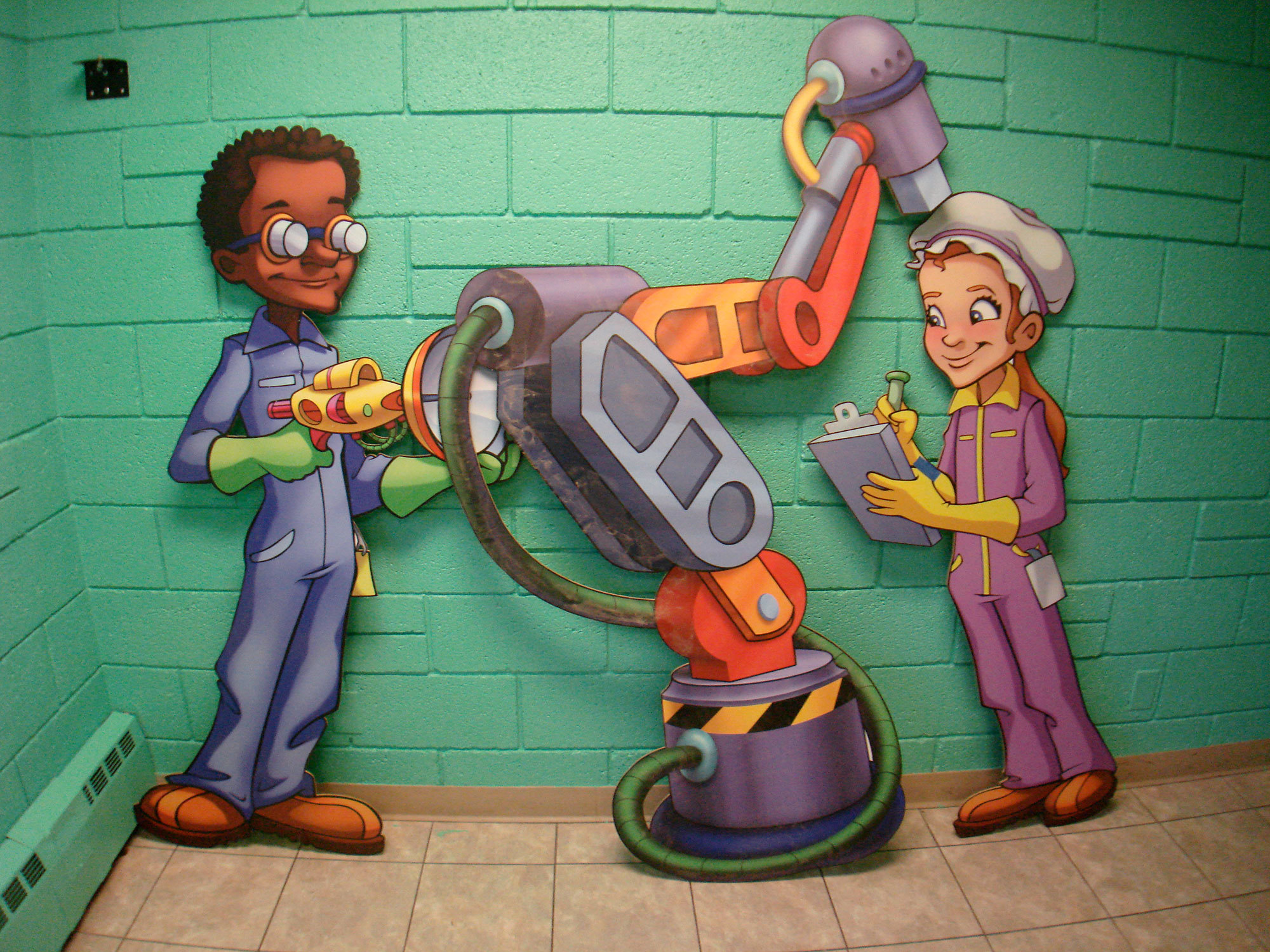 Science Lab Character 2D Cutouts in front of a green block wall