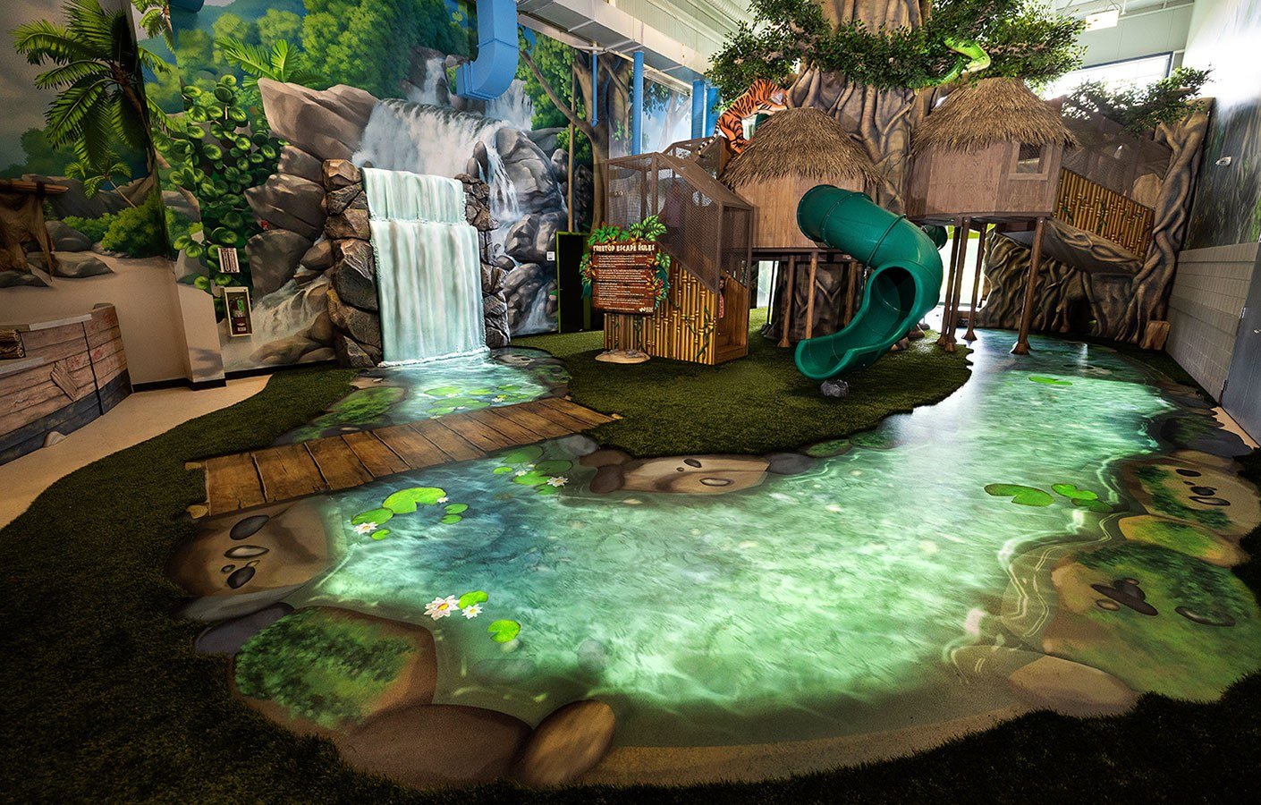Giant Waterfall, River, Treehouse and Slides feature at West Chicago Parks District ARC Center