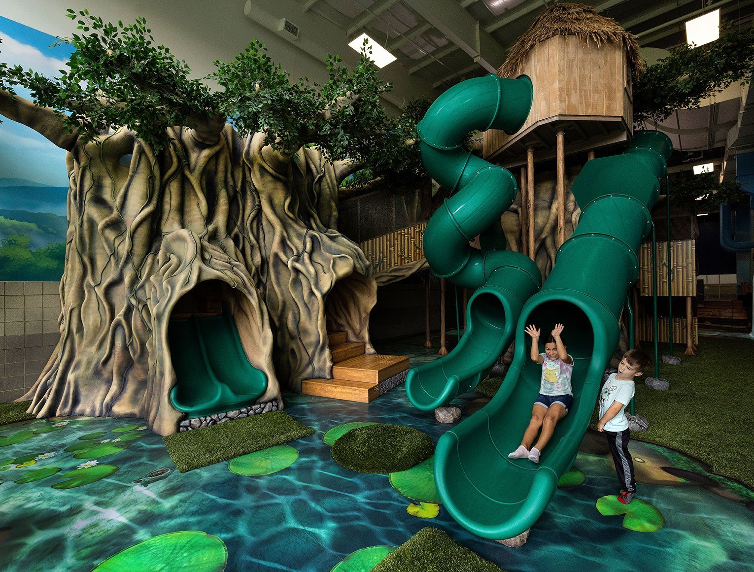 Giant Treehouse and Slides with children playing at West Chicago Parks District ARC Center
