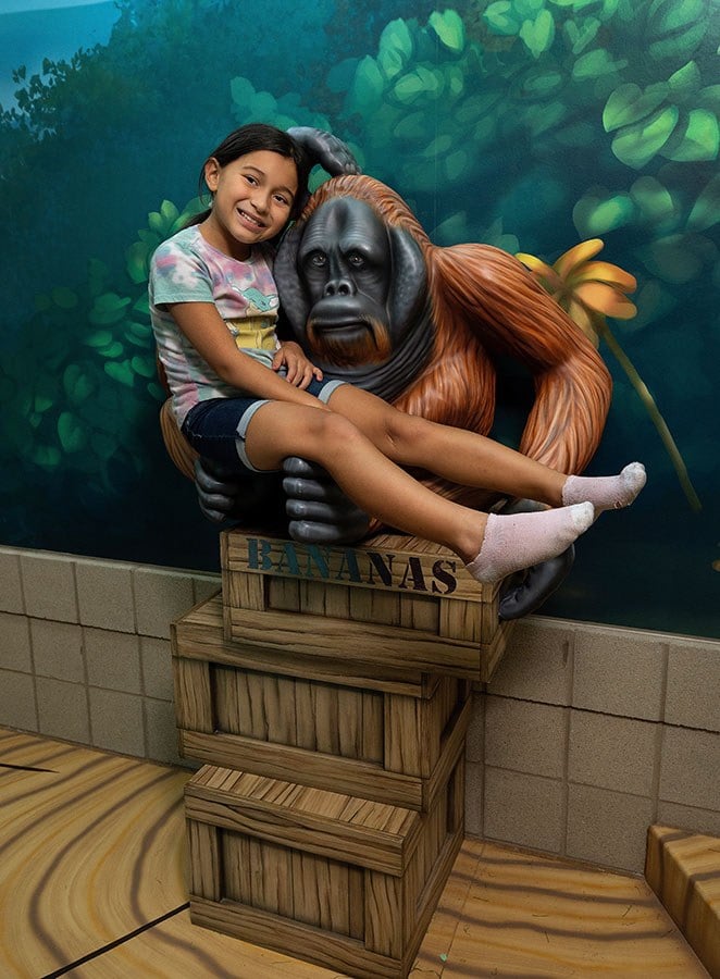 Child sitting on Orangutan photo-op feature at West Chicago Parks District ARC Center