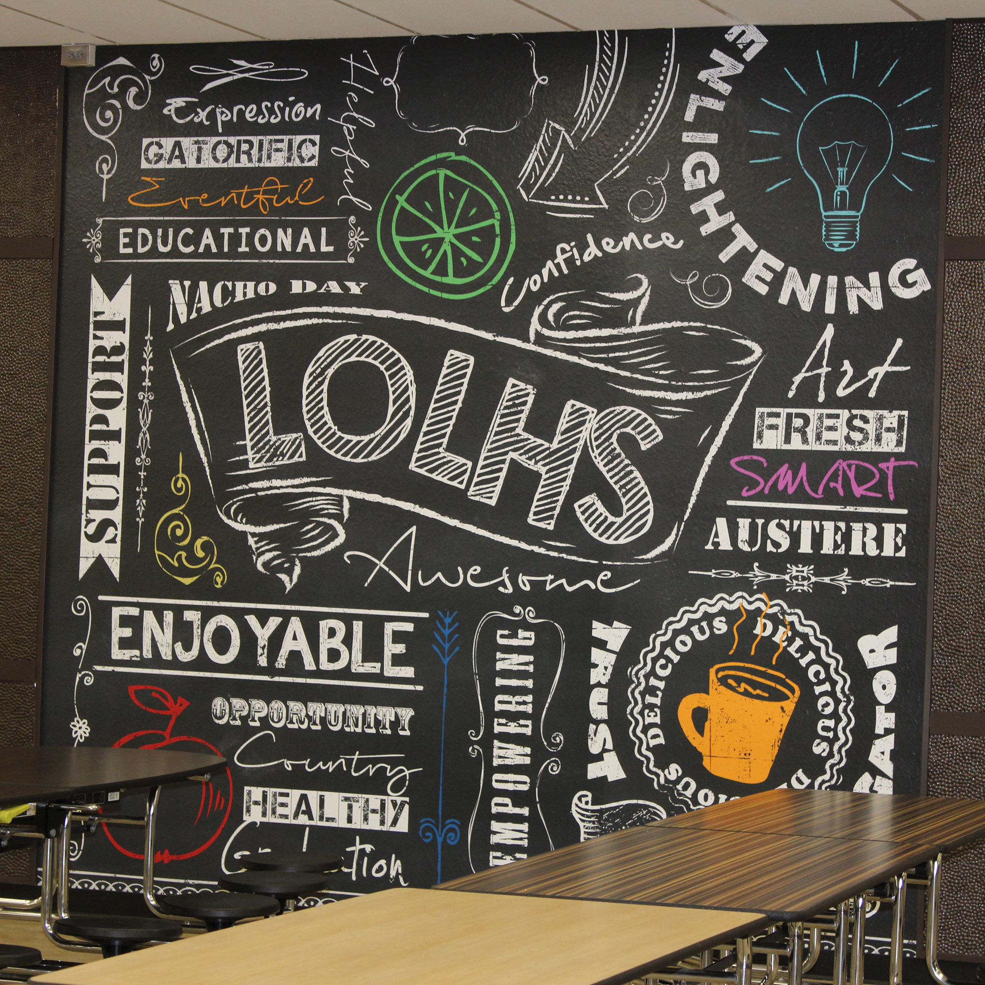 Custom Themed Wall Covering for Pasco County Schools High School Cafeteria with blackboard motif with white chalk words,