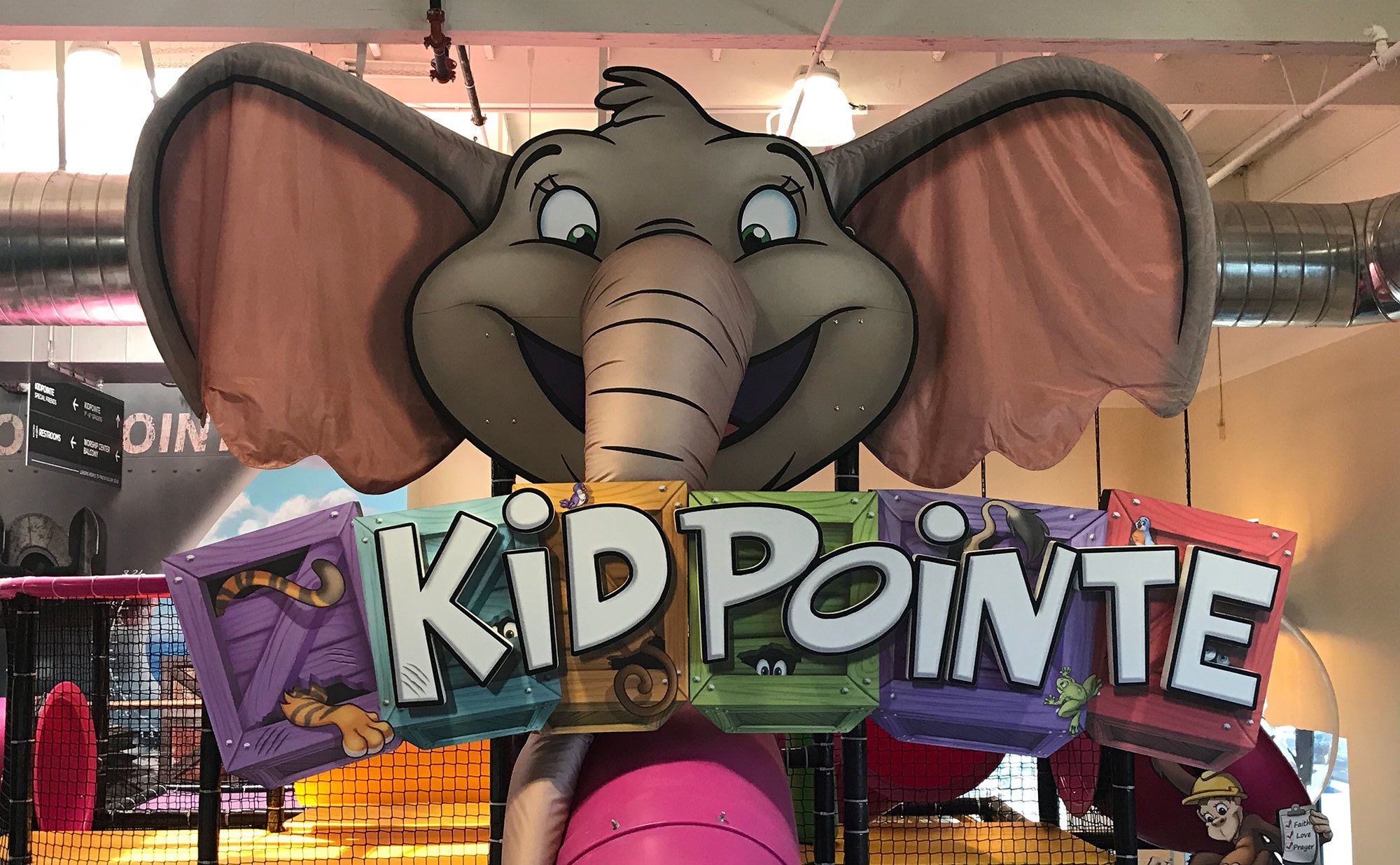 KidPointe Sign with large 2D contour cut elephant head at Crosspoint Anaheim