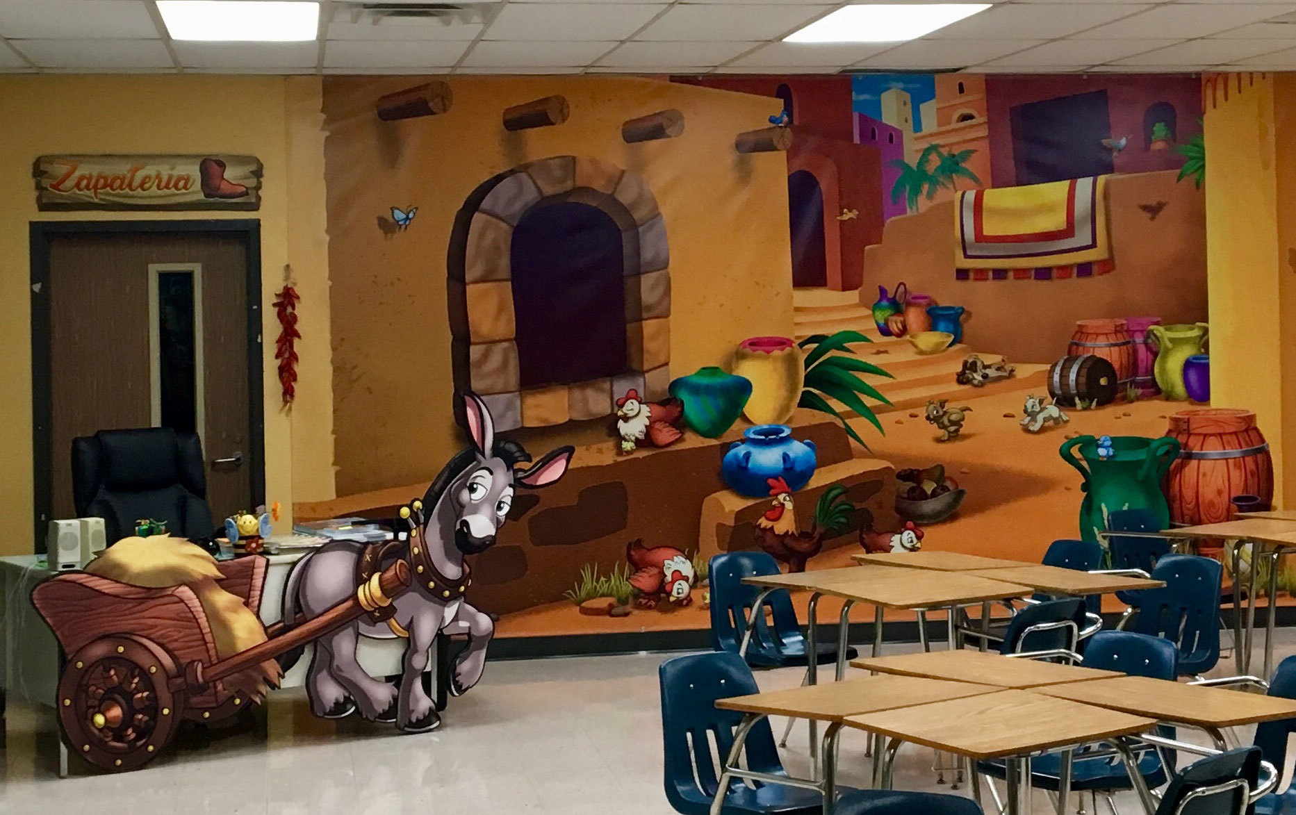 Mexico Themed Wall mural and 2D mule and cart Desk Cutout for Classroom in Florida School
