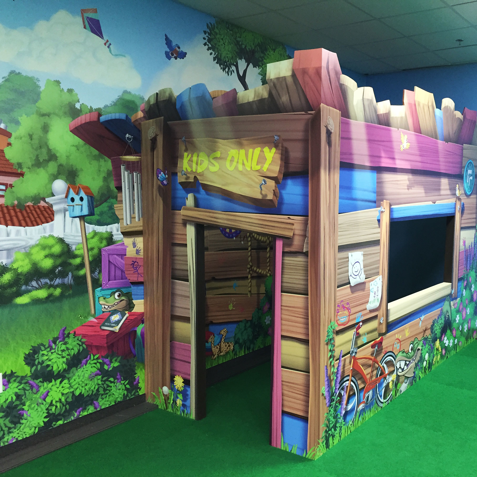 2D Cutout Created Clubhouse in Neighborhood Themed Space at a Church