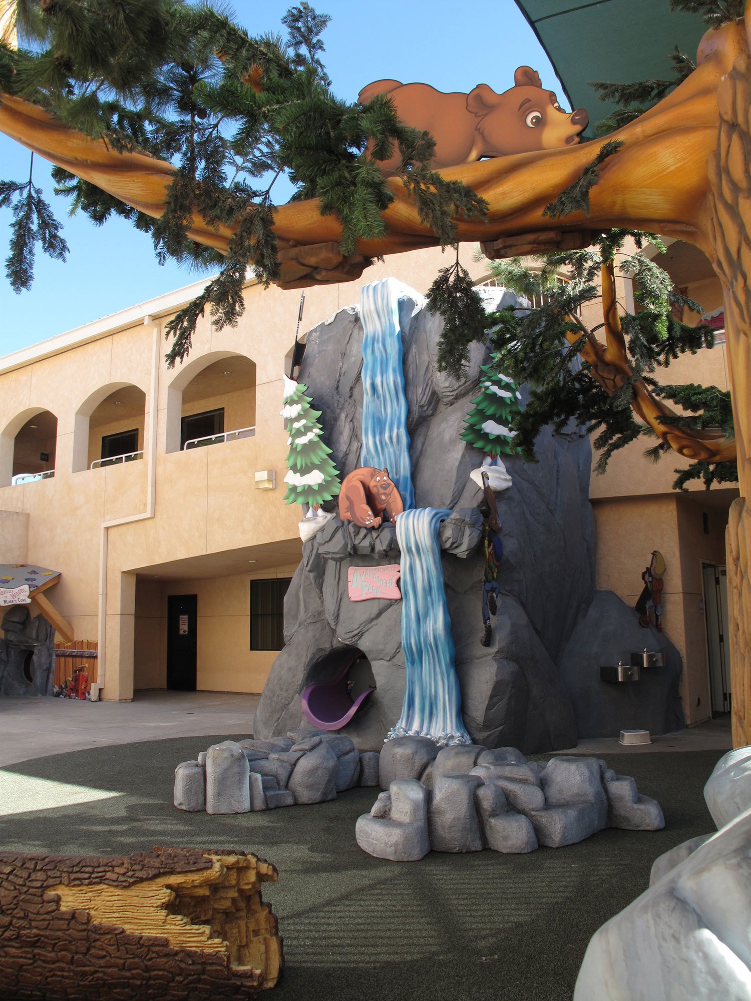 3D sculpted tree, mountain and waterfall play area at Shadow Mountain Church