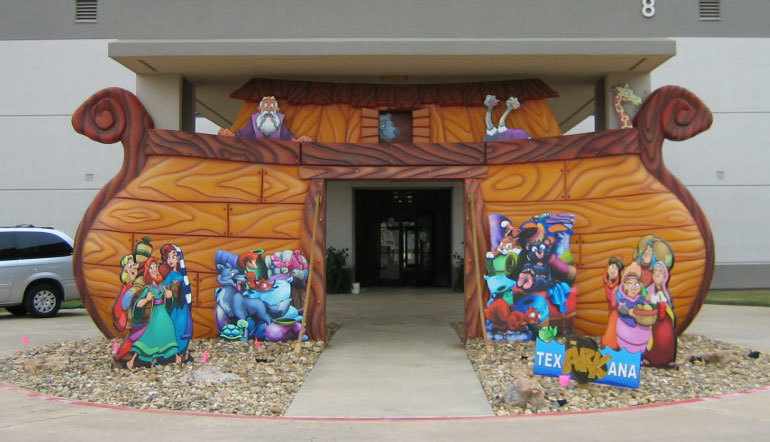 Outdoor 3D Noah's Ark Building Facade Over Entrance of a Church with cutout 2D characters