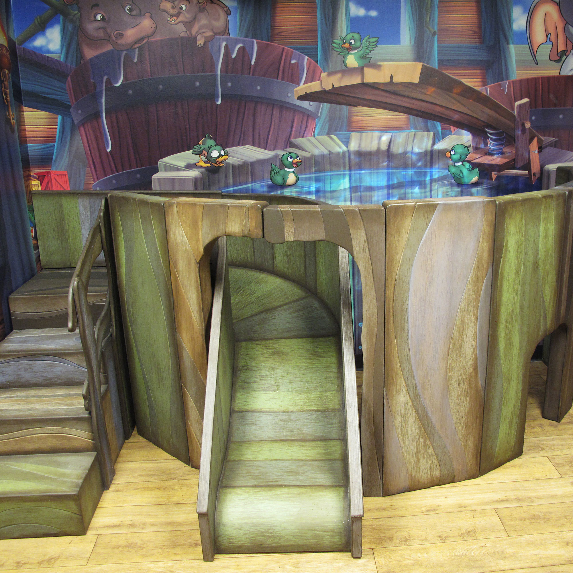Noah's Ark Themed Play Area Slide featuring optical illusion hot tub with stairs and slide.