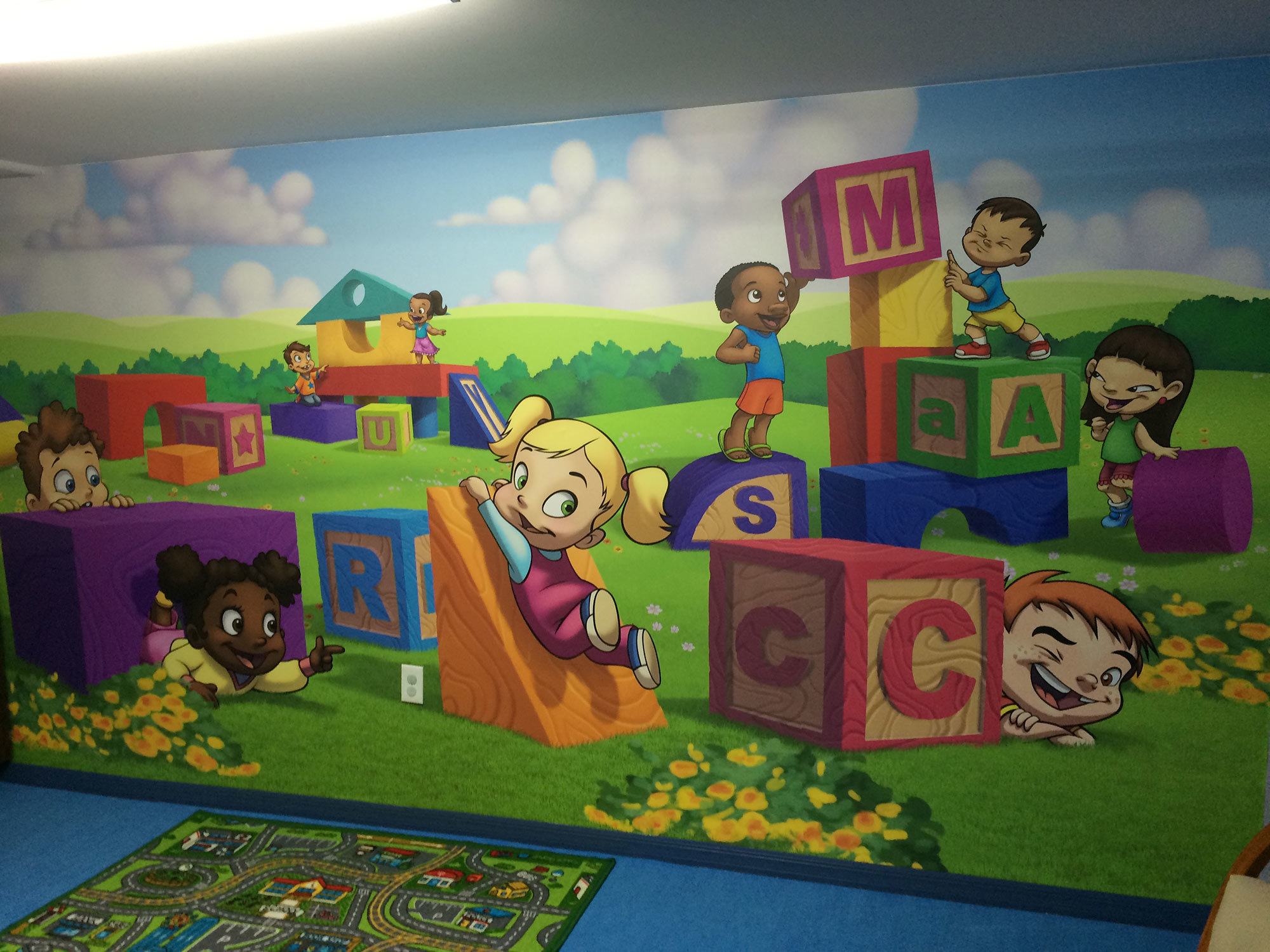 Baby Builders and Toddlers on Giant Blocks Wall Covering at Relevant Church Tampa