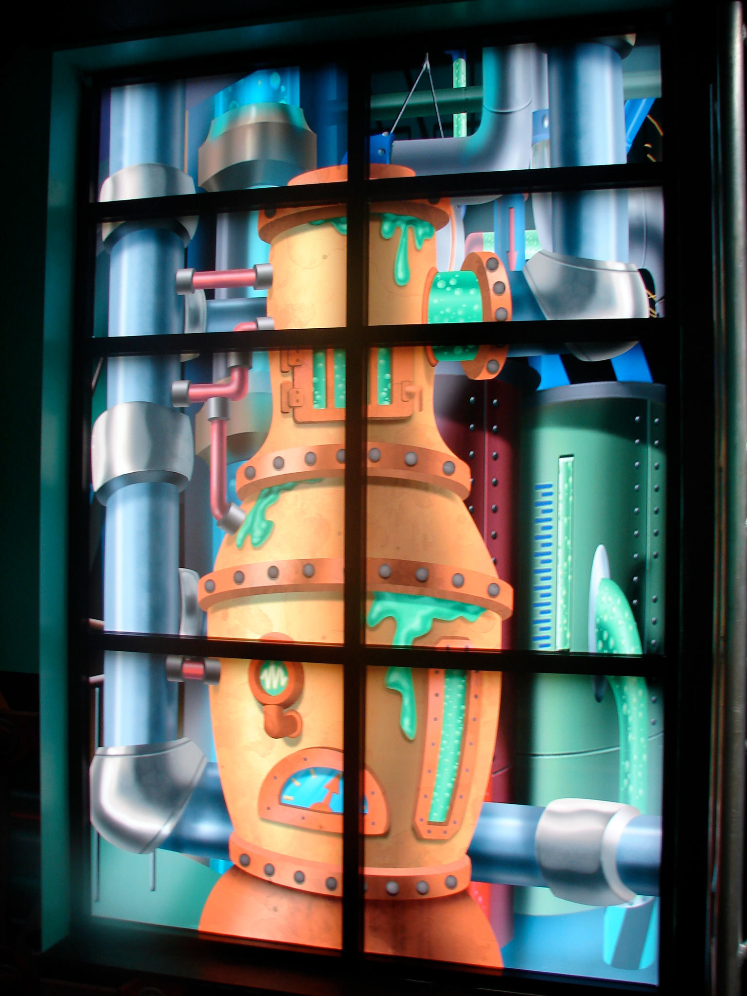 Example of Slime Lab Themed Window Vinyl with orange chamber and many pipes of different colors at a Church