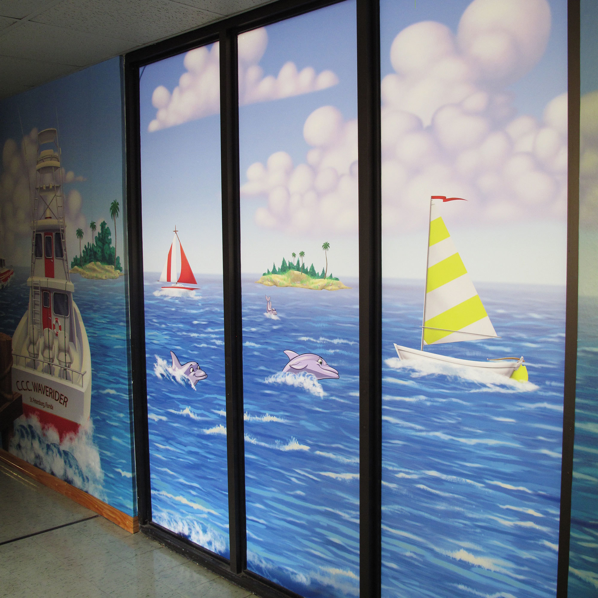 Example of Beach Window Vinyl with Wall Covering with sailboats at sea at a Church